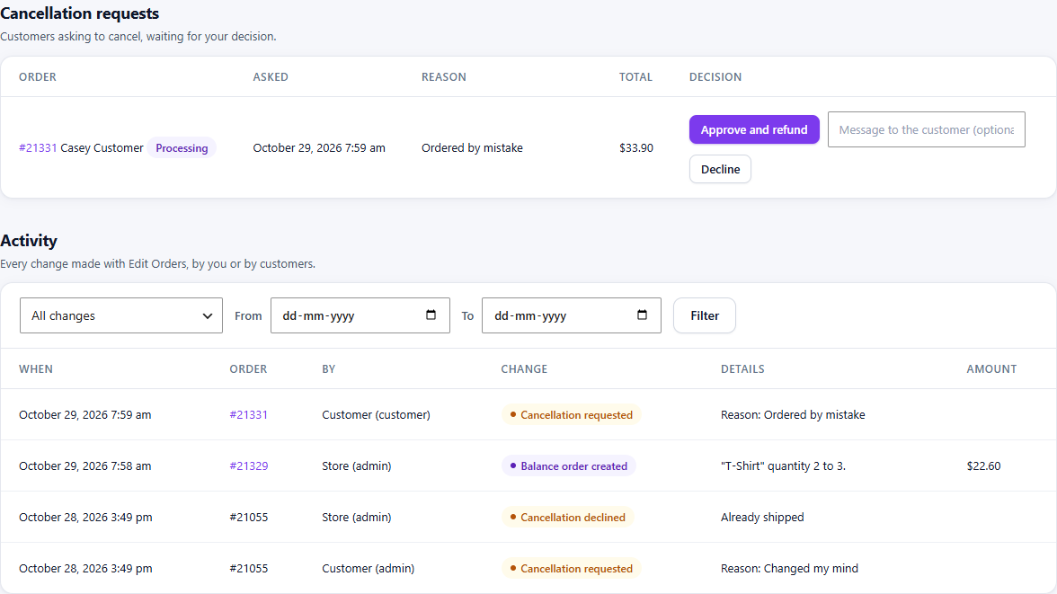 Cancellation requests and the activity log