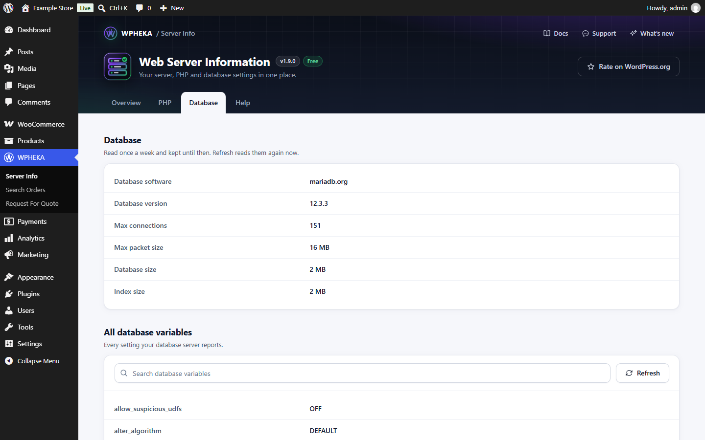 The Database tab with the database details and the variables search