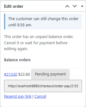The Edit order box with a balance order and its pay link