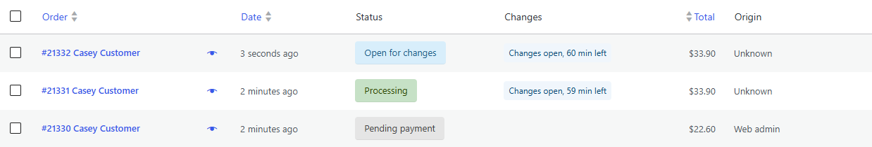 An order waiting as Open for changes in the orders list