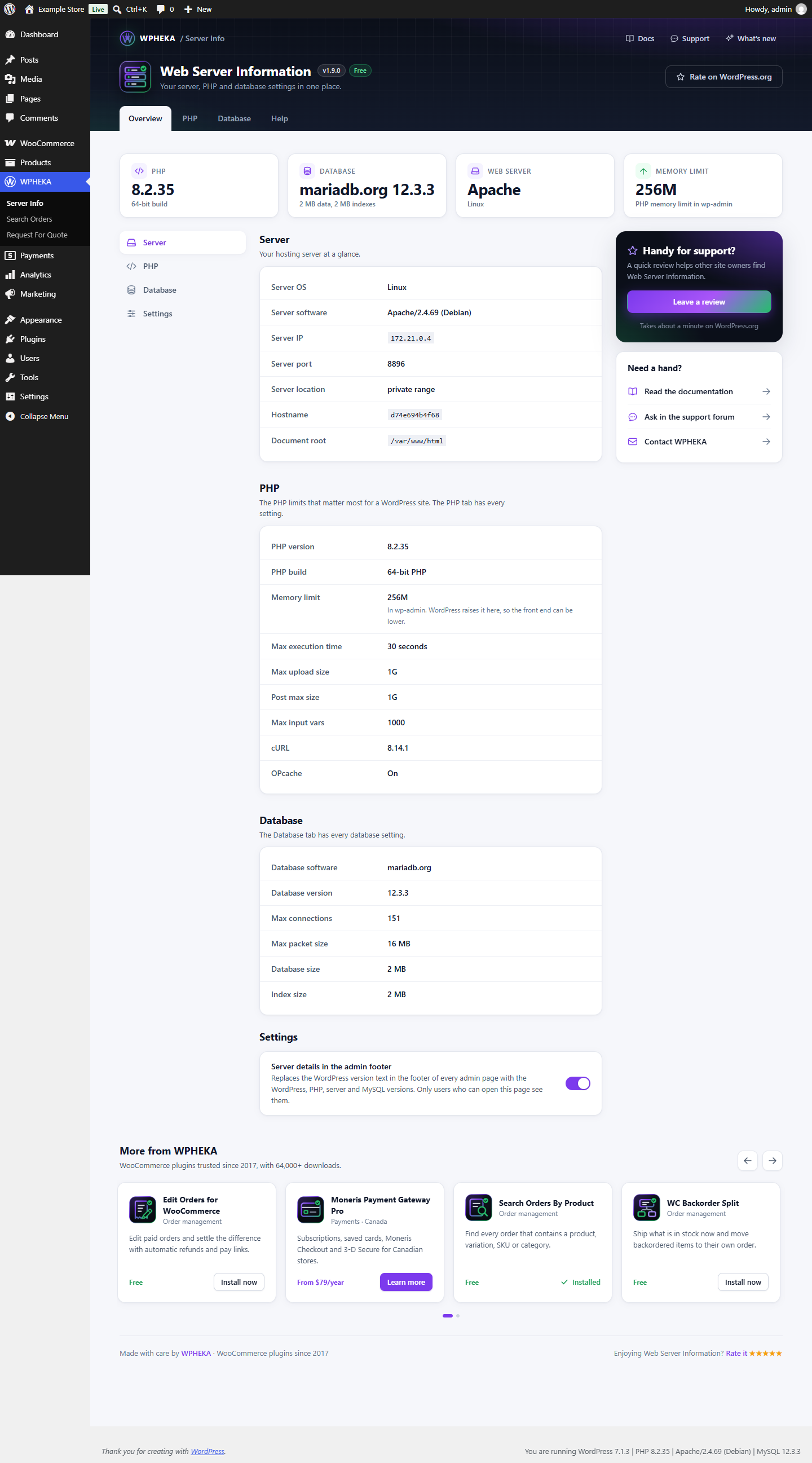 The Overview tab of WPHEKA > Server Info