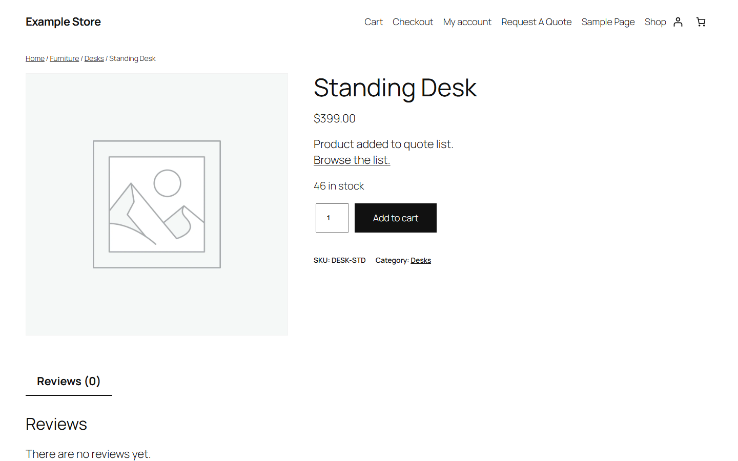 The product page after Add to quote, with the Browse the list link