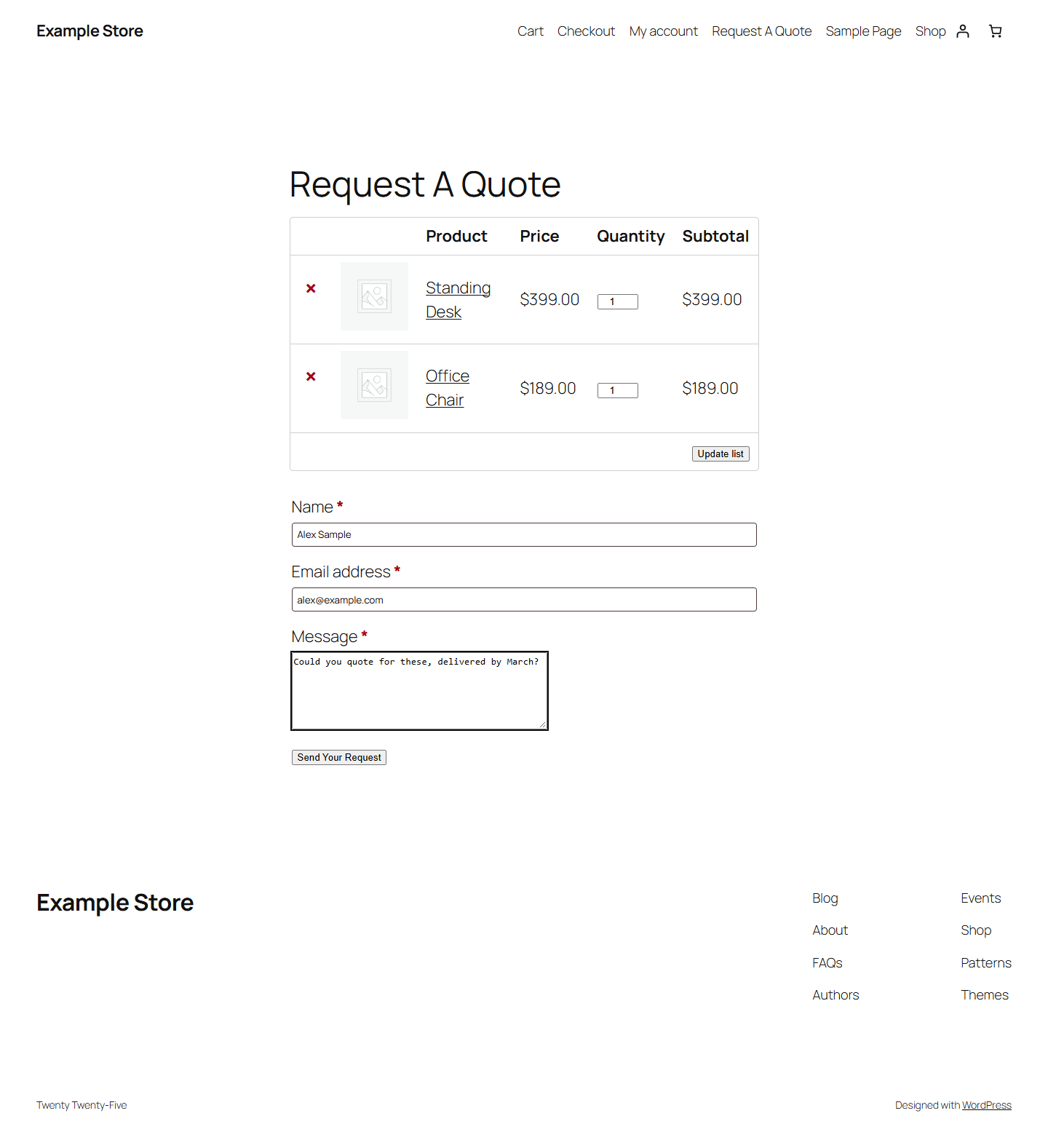 The quote list page with two products and the request form