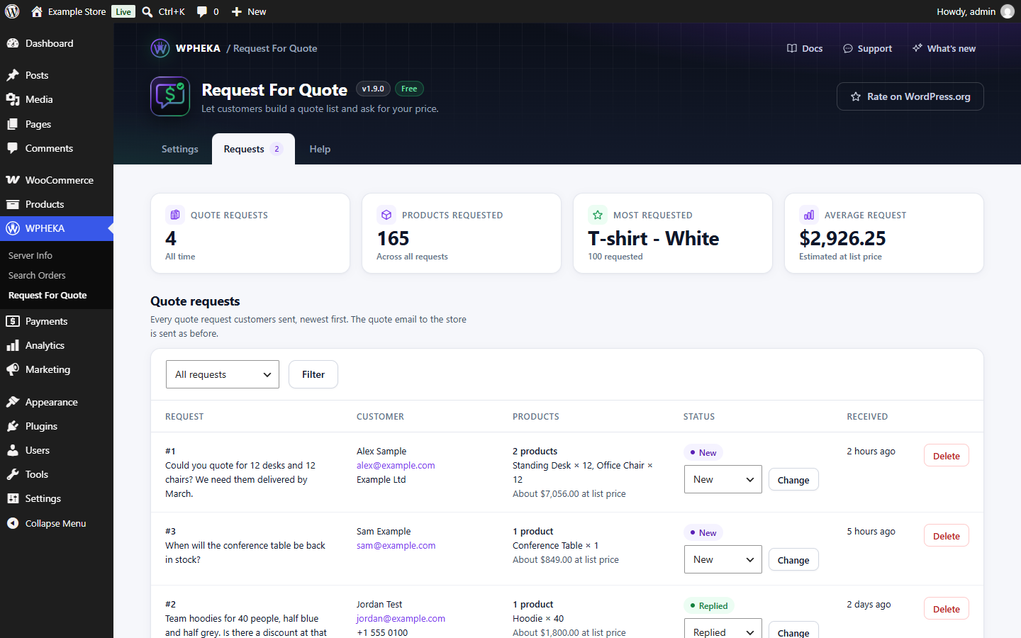The Requests tab with the stats and a list of quote requests