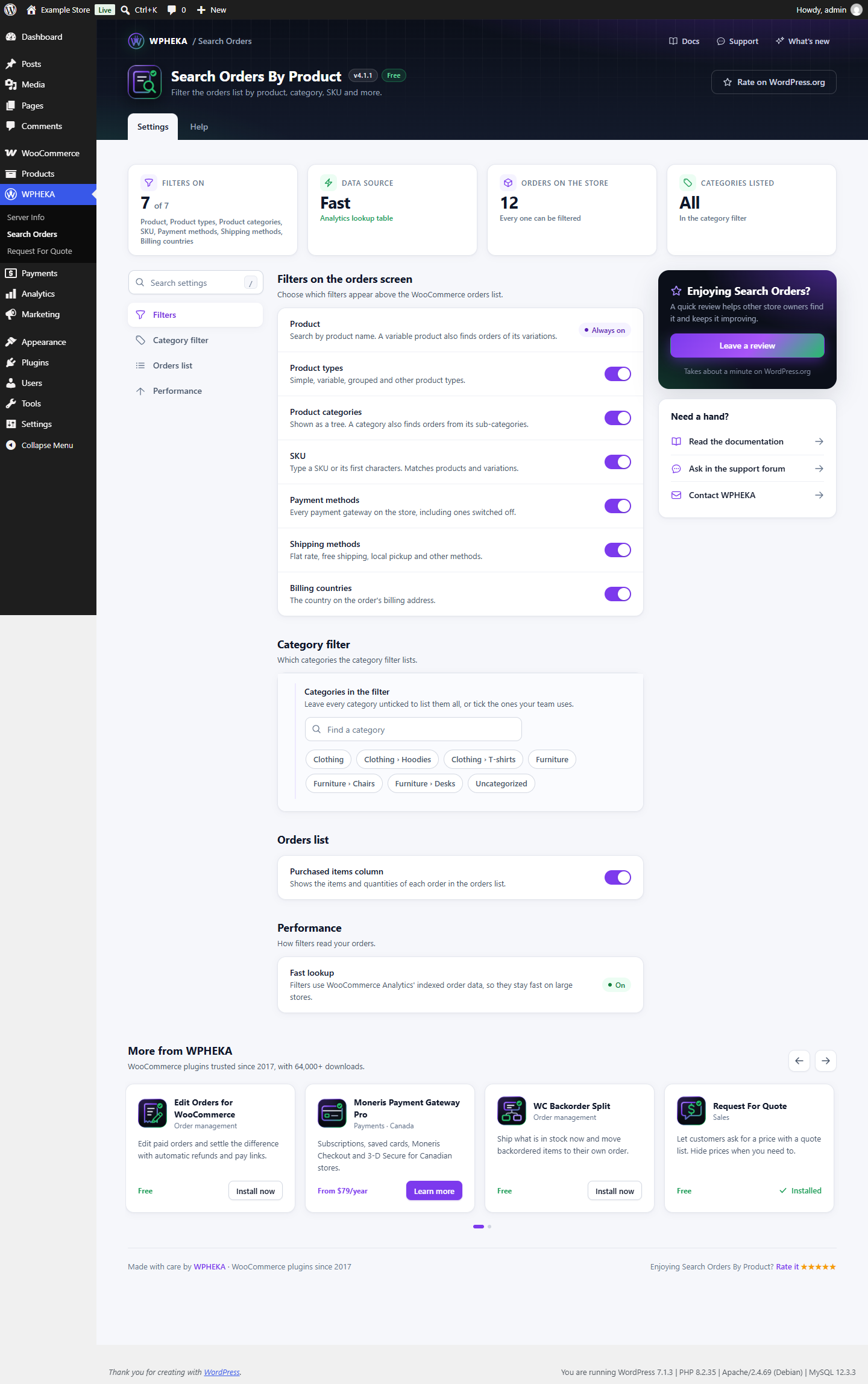 The WPHEKA > Search Orders settings page