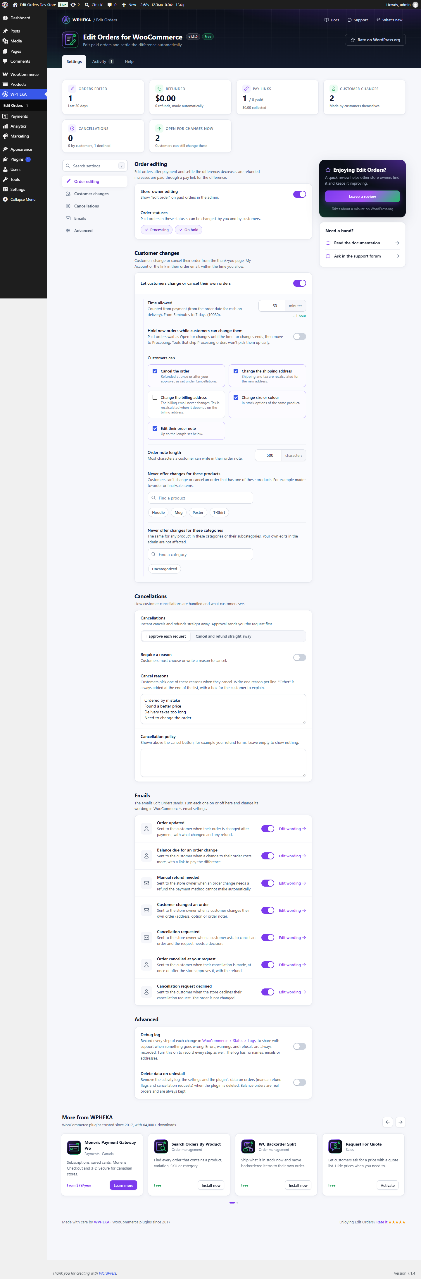 The WPHEKA > Edit Orders settings