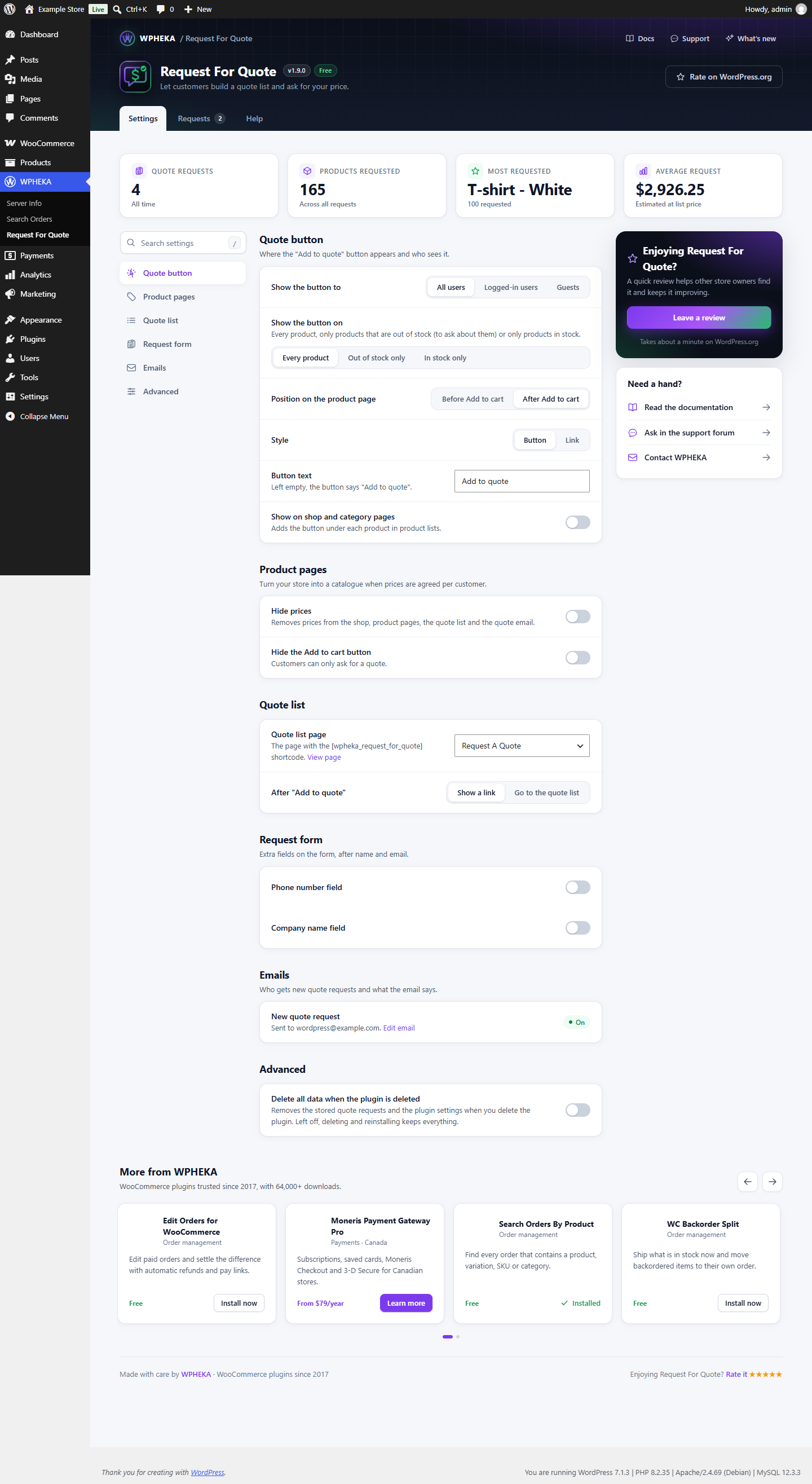 The WPHEKA > Request For Quote settings page